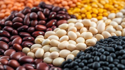 Diverse Variety of Colorful Dry Beans and Legumes on Display