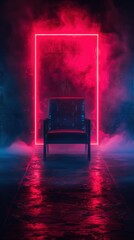 Chair in a Neon Frame Surrounded by Colorful Smoke and Darkness