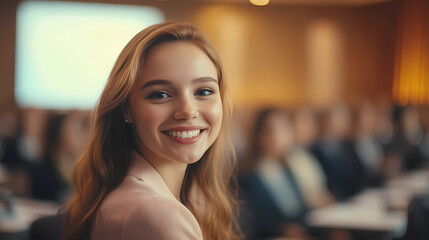 Young happy businesswoman attending a seminar in conference hall Generative AI	
