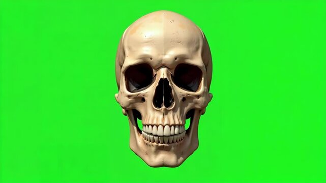 Watch a striking animated skull head spin in detailed 4K footage against a vibrant green screen background, ideal for visual effects and digital art.