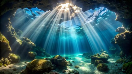 Photo of sunlight streams into an underwater cave, illuminating the marine environment