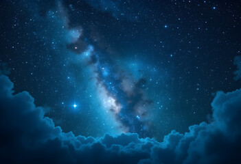 Stunning Milky Way Galaxy Night Sky with Star Clusters and Cosmic Clouds Illuminated in Deep Blue and White Light