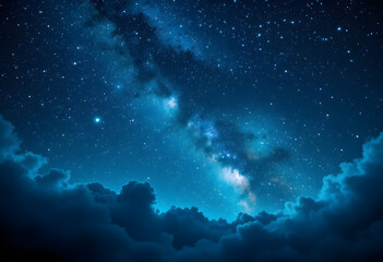 Stunning Milky Way Galaxy Night Sky with Star Clusters and Cosmic Clouds Illuminated in Deep Blue and White Light