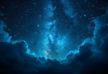 Stunning Milky Way Galaxy Night Sky with Star Clusters and Cosmic Clouds Illuminated in Deep Blue and White Light