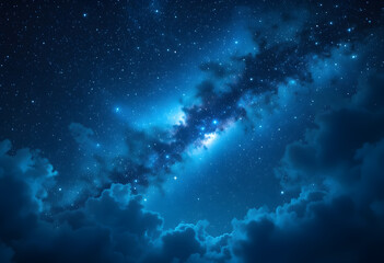 Stunning Milky Way Galaxy Night Sky with Star Clusters and Cosmic Clouds Illuminated in Deep Blue and White Light