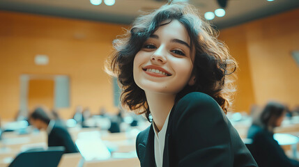 Young happy businesswoman attending a seminar in conference hall Generative AI	
