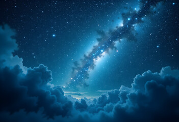 Stunning Milky Way Galaxy Night Sky with Star Clusters and Cosmic Clouds Illuminated in Deep Blue and White Light