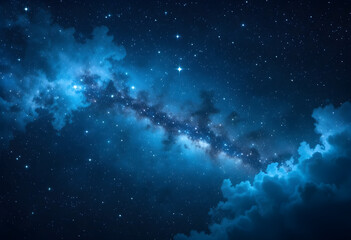 Stunning Milky Way Galaxy Night Sky with Star Clusters and Cosmic Clouds Illuminated in Deep Blue and White Light