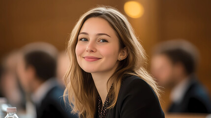 Young happy businesswoman attending a seminar in conference hall Generative AI	
