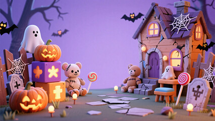 cute halloween cartoon haunted house with stitched teddy bears ghosts spooky blocks jack o lanterns bats gravestones and eerie background banner backdrop