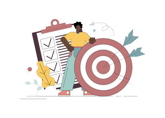 Vector flat illustration. Achieving the goal. Completed work, checklist. A man leans on a target with arrows