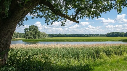 Serene river landscape, partly shaded by a large tree, showcasing lush greenery, calm waters, and a distant horizon under a partly cloudy sky