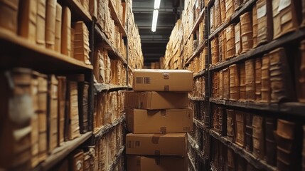 Stacks of aged books on shelves alongside stacked cardboard boxes archive