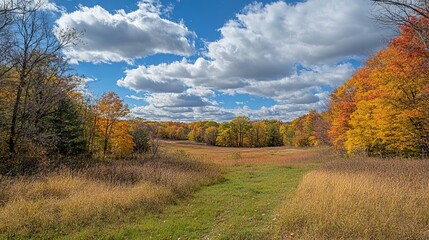 Fototapeta premium Vibrant autumn landscape with a grassy path leading to a clearing surrounded by trees displaying a mix of golden, orange, and red foliage under a partly cloudy sky