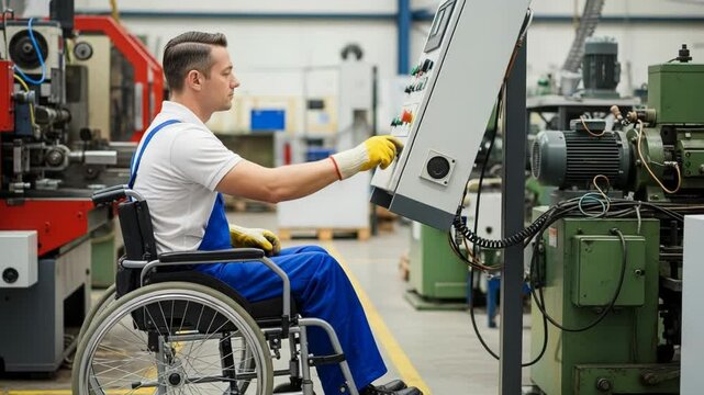 Man in wheelchair operating factory equipment