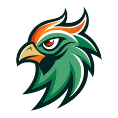 Fototapeta premium Stylized green eagle head with orange accents and fierce red eye