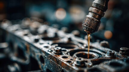 Engine oil change process automotive shop close-up image workshop environment industrial viewpoint