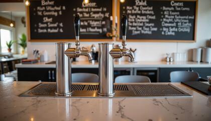 Sleek stainless steel beer taps in contemporary bar setting, minimalism