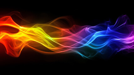 Rainbow glowing neon waves abstract background. Bright smooth luminous lines on a dark background. Decorative horizontal banner. Digital artwork raster bitmap illustration. AI artwork.