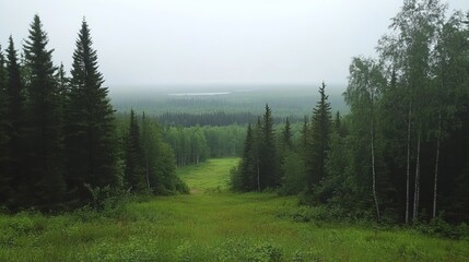 Fototapeta premium Misty vista of a verdant valley nestled amidst a dense coniferous and deciduous forest, extending to a hazy horizon