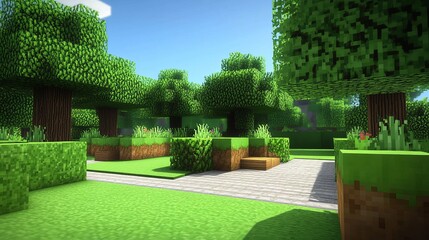 A sunlit, pixelated forest scene with grassy paths and stone steps leading into a grove of lush, blocky trees