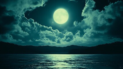 Majestic moonlit landscape over a tranquil body of water.