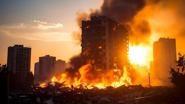 Burning building surrounded by debris and smoke at sunset
