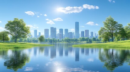 City park reflecting in a calm lake.