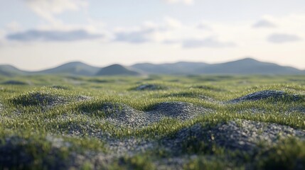 Undulating grassy field meets distant, hazy mountains under a partly cloudy sky.  A serene, peaceful landscape