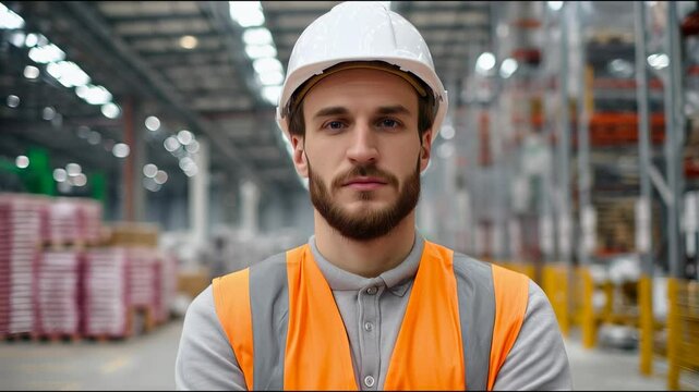 Man with an orange safety vest, a white hard hat, with his arms crossed, looking at the camera. He is inside a large warehouse.