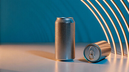 A soda can mockup with premium lights on blue background.