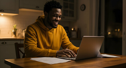 Smiling man working on laptop at home night warm light