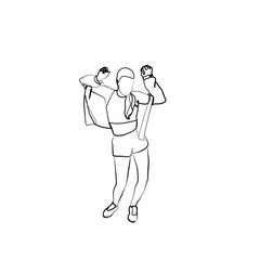 Line art illustration of a happy young woman dancing with fists raised. Minimalist black and white drawing of an energetic dance move in casual clothes.