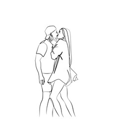 Minimal one line drawing of a romantic couple sharing a kiss. Modern black and white vector illustration of a man and woman in an intimate moment, expressing love and affection.