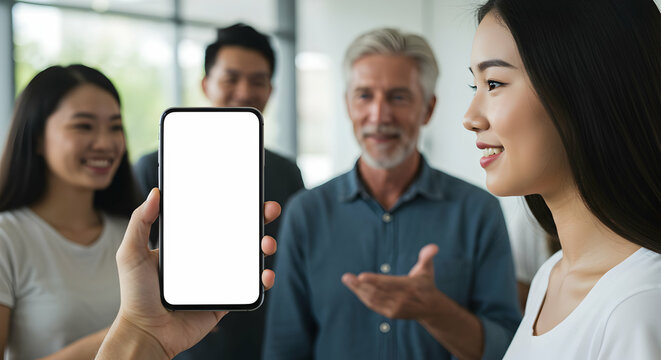 Diverse team brainstorming ideas using smartphone app mockup blank screen technology modern workplace collaboration