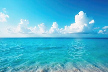Fototapeta premium Serene Ocean Panorama Vibrant Blue Sky, Tranquil Waters, Global Expanse - Perfect for Travel & Environmental Themes