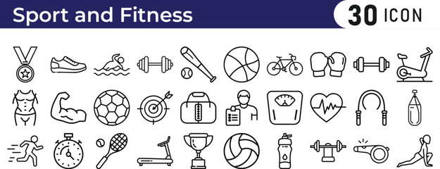 Fitness and sports icon set outline icons of fitness and exercise isolated on transparent background. 