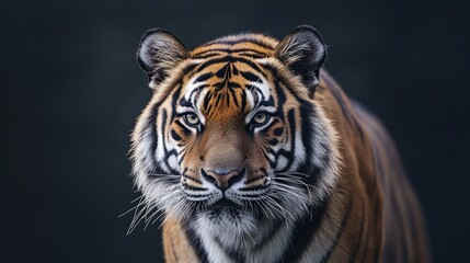Portrait of a regal tiger with striking orange and black stripes on dark background