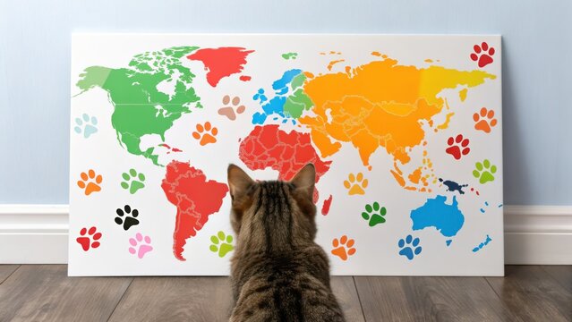 International Cat Day A cat gazes at a colorful world map decorated with paw prints, blending curiosity and adventure.