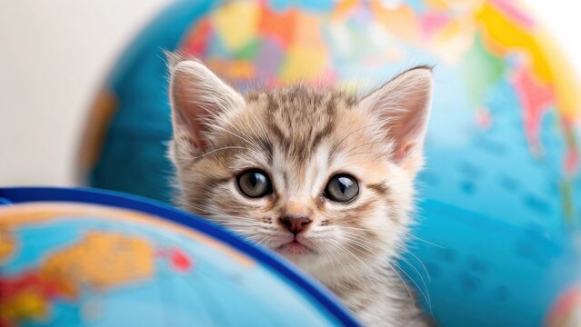 International Cat Day Cute kitten peeking from behind colorful globes, symbolizing curiosity and exploration.