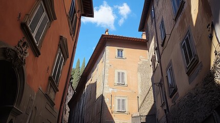 Fototapeta premium Sunlit alleyway between aged buildings, showcasing architectural details, windows, and a glimpse of greenery