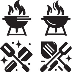 Vector art of barbecue grill and cooking utensil icons with flames isolated on transparent background