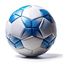 Isolated close-up of a modern soccer ball featuring blue geometric patterns on a white surface, photographed in high resolution with a clean white background