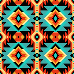 Geometric tribal pattern composed of diamonds, triangles, and lines creating a colorful and intricate design