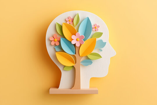 Paper art head silhouette with blooming tree as metaphor for mental growth and emotional wellbeing