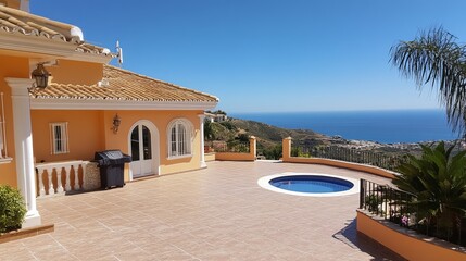 Fototapeta premium Mediterranean villa with stunning coastal views, featuring a private pool and expansive patio