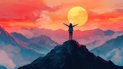 A Woman's Silhouette on a Mountain Peak Underneath an Inspiring Sunrise Scenery