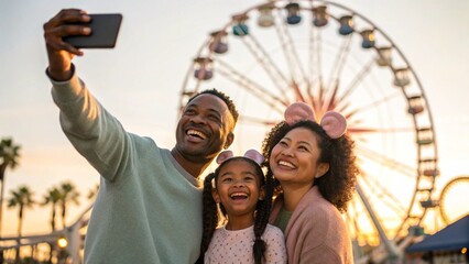 Mixed Race Family Taking Selfie in Front of Ferris Wheel During Fun Evening at Amusement Park