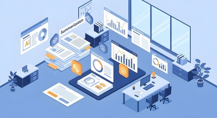 Fototapeta premium Automated Intelligence: Isometric Illustration of AI Generating Business Reports in Unoccupied Office