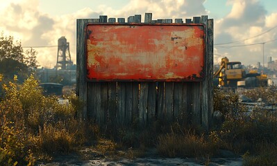 Weathered Red Billboard on Wooden Frame in Industrial Landscape

